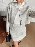 Ensemble jupe courte et veste en tweed à carreaux élégant pour femme, fabrication sur mesure, directement de l'usine, parfait pour un look décontracté d'automne