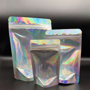 Sacchetti Stand Up riutilizzabili trasparenti su un lato in Mylar con chiusura a Zip olografica di alta qualità per l'imballaggio di biancheria intima di abbigliamento - Product Image 5