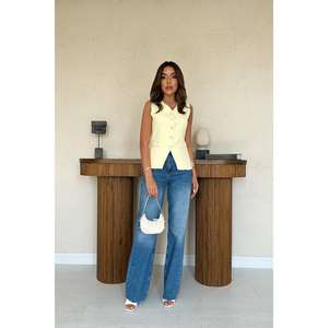 Wholesale <b>Women's</b> Yellow Waist-Fit Buttoned Vest Embroidered Canvas Fabric <b>Knitted</b> Woven Outer Animal Cotton for Suits <b>Waistcoat</b> - Product Image 5