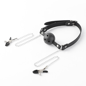 Erotic Mouth <b>Plugs</b> And Nipple Clamps Black Leather With <b>Chain</b> For Adult Role Play Toys - Product Image 4