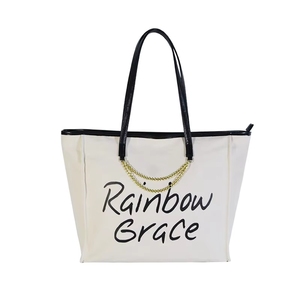 Bolso de mano de lona con asa, estilo moderno con patrón de letras y logotipo, ideal para playa y viajes, color y logotipo personalizables. - Product Image 2