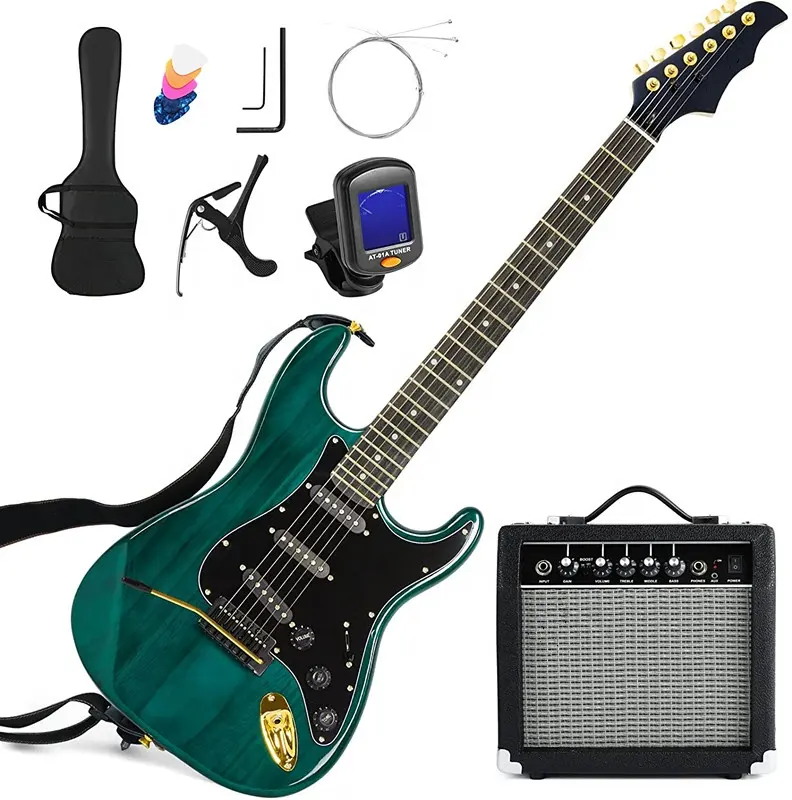 Huasheng High Quality 39 Inch Electric Guitar Full Size Beginner's Musical Instrument Kit with 25 Watt Amplifier Ripple Green
