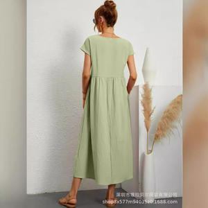 Vestido Vintage para Mujer, Vestido de Verano Elegante de Cuello Redondo y Manga Corta, Vestidos Casuales de Lino y Algodón para Mujer, Vestido Largo Holgado - Product Image 4