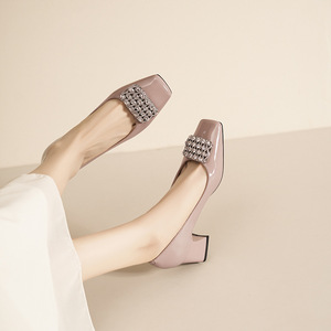 5688B-176 Fashion Rhinestone Pumps Square Toe <b>Block</b> Heel Mary Jane Shoes Medium Heel Solid Color Women's Pumps - Product Image 2