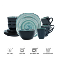 Ensemble de table utile pour la maison 16 pièces de vaisselle carrée lisse bleue, assiette, bol, tasse, ensembles de vaisselle au design élégant pour restaurants