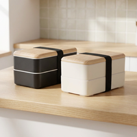 Ensemble de boîte à lunch tropicale isolée au micro-ondes de grande capacité à double couche de style japonais comprenant un bento en plastique de conservation de la fraîcheur en bois