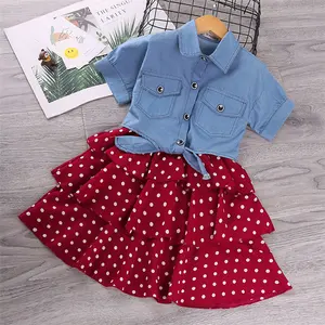 Summer Baby Girl Two Piece Dress Set Girl Clothing Sets Denim T shirt Top and Ruffle Dress Children's Clothing Sets Boutique
