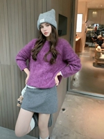 Pull en mohair doux violet pour femmes |   Haut en tricot surdimensionné confortable avec poignets côtelés |   Pull-over décontracté chic pour l'automne et l'hiver