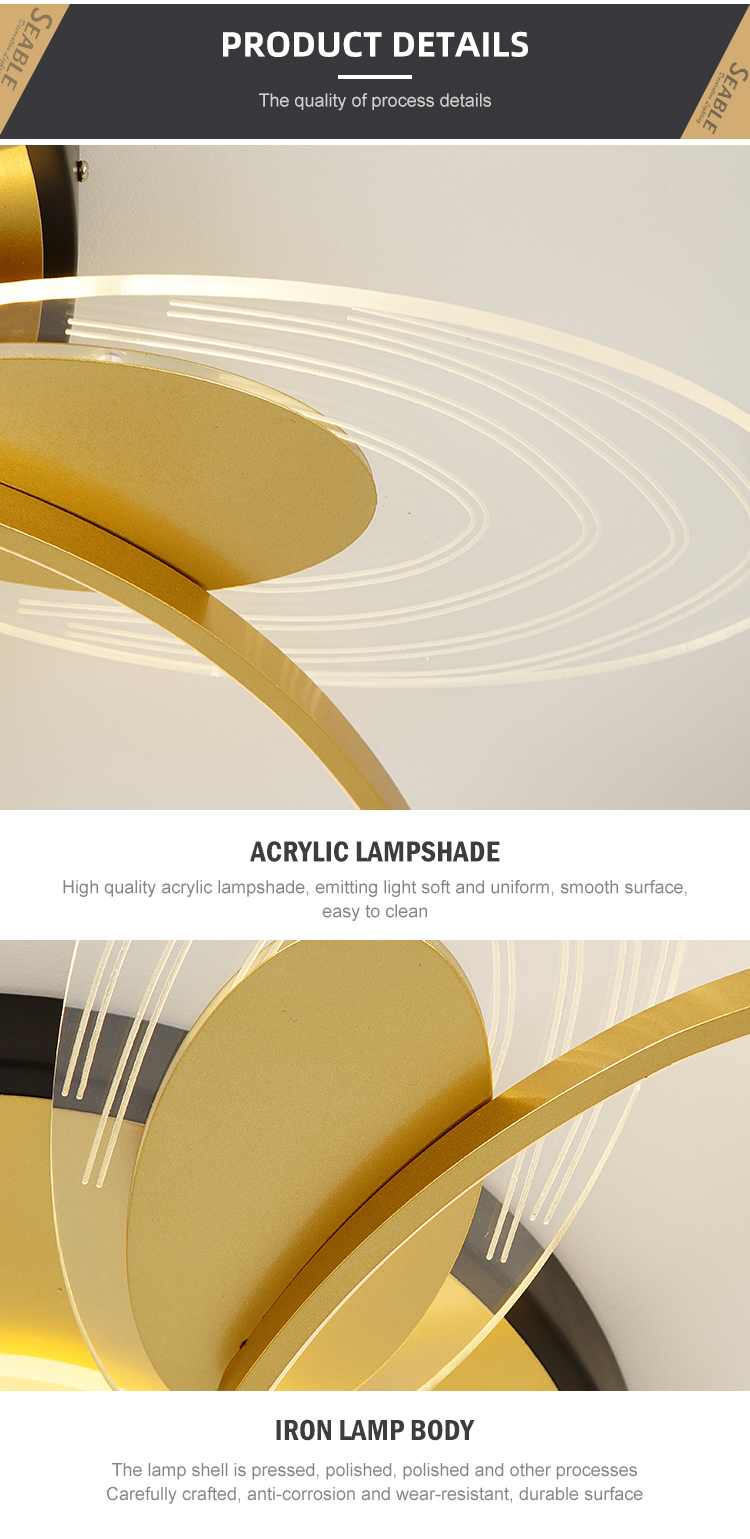 Simple Hanging Indoor Fashion Decoration Gold Black Aluminum Living Room Modern LED Ceiling Light