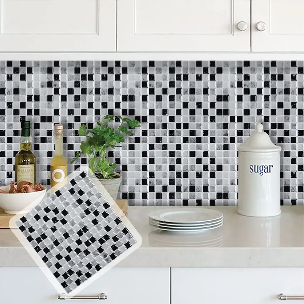 12x12 Zoll Schwarz-Weiß-Marmor Mosaik Aufkleber Anti-Schimmel selbst klebende Küche Backs plash Dekor wasserdichte Fliesen