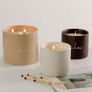 Pot à bougie cylindrique en céramique, bougie parfumée d'aromathérapie pour elle, décoration nordique pour la maison, beige, marron, blanc - Product Image 2