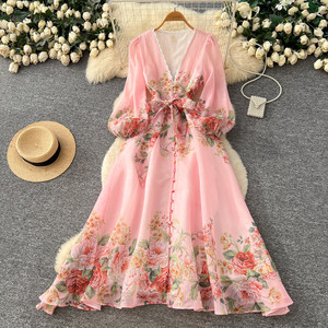 Vestido de Mujer con Cuello en V, Estampado Floral, Manga Larga, Cintura Ajustada, Estilo A-Line, Casual de Oficina, Plisado y Elegante - Product Image 1