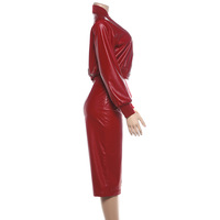 Ensemble 2 pièces en cuir PU uni pour femme 2026 : veste courte à col montant zippée et pantalon capri à jambes larges