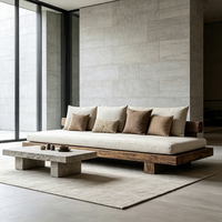 Canapé-lit en bois massif Wabi Sabi, canapé en tissu sans accoudoirs, canapé droit 3 places, mobilier sur mesure de style mid-century pour maison d'hôtes, salon
