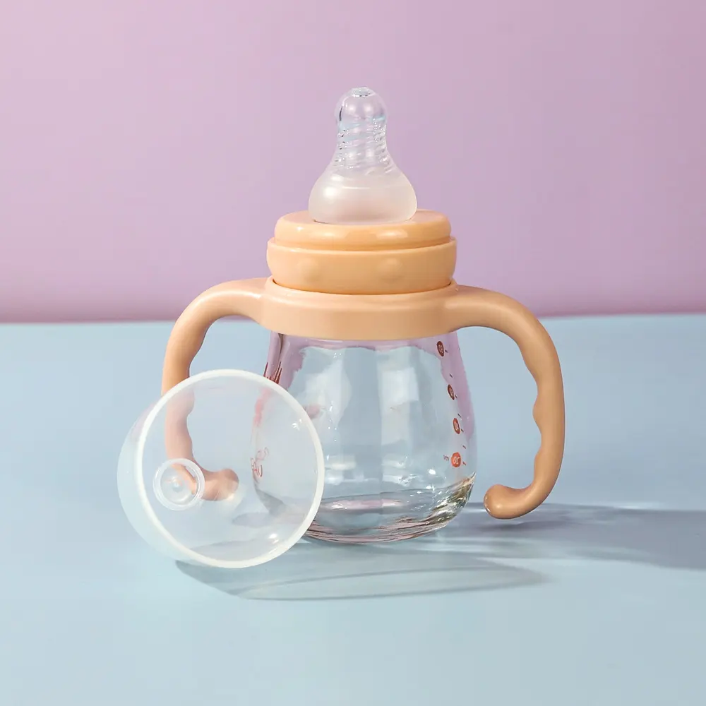 Idealpak Food Grade Child Leakproof Handle BPA Free 80ml Babys Feeding Bottle Glass Baby Bottles for Baby