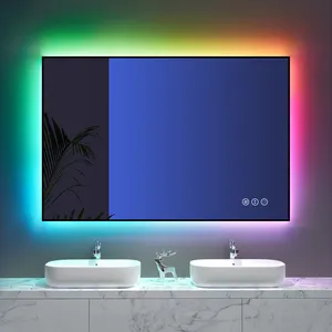 Espejo de pared inteligente con pantalla táctil, espejo cosmético con marco cuadrado, Led mágica, luz RGB personalizada