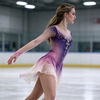 Robe de patinage et de danse dégradé violet, rose et blanc, en maille à manches longues, ornée de strass et de perles, pour enfants et adultes, pour compétition et spectacle