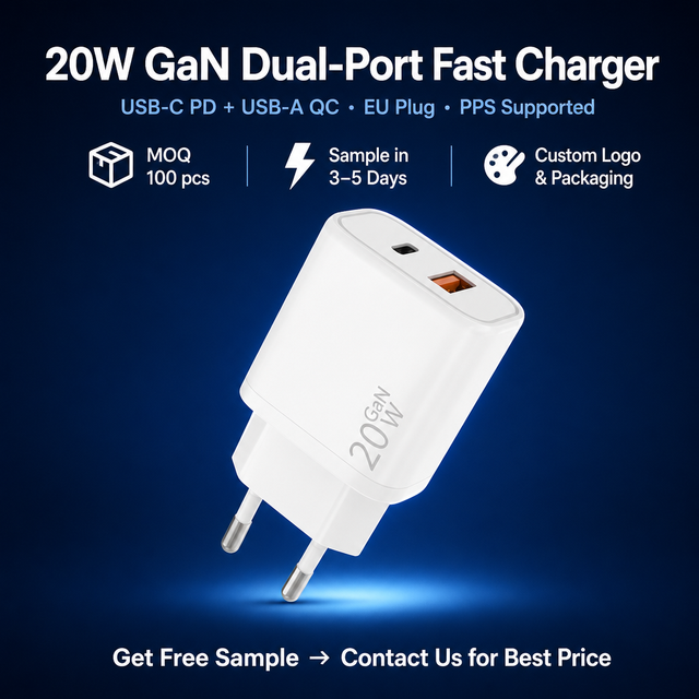 Wholesale Mini 20W GaN Charger with PD Fast Charger Kit, Suitable for UK, US and EU Adapters, with Two Ports at Both Ends