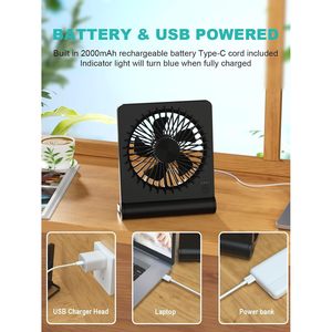 Tevelecin <b>Desk</b> <b>Fan</b> 2000mAh Rechargeable <b>USB</b>-C Powered 3 Speeds Quiet Cooling Travel Ventilating Black - Product Image 5