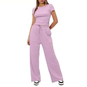 Setelan Santai Wanita XS-2XL 2-Potong Atasan Lengan Pendek Berkerut & Celana Panjang Lebar Berpinggang Tinggi Setelan Olahraga Kasual Polos - Product Image 3