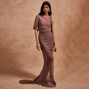 Elegante Vestido de Noche Largo de Gasa para Mujer, Cuello Alto, Asimétrico, Sin Mangas, Translúcido, Largo hasta el Suelo, Vestido Formal - Product Image 1