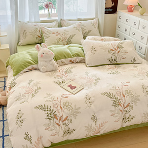 Parure de lit quatre pièces en molleton de lait, motif plantes et fleurs, housse de couette double face, literie chaude pour l'hiver - Product Image 1