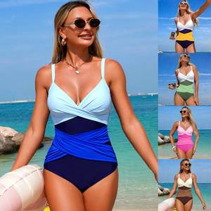 One Piece Swimsuit Women Color <b>Block</b> Deep V Neck Twist Design Stretch Swimwear For Beach Water Sports Fitness Body <b>Shaping</b> - Product Image 1