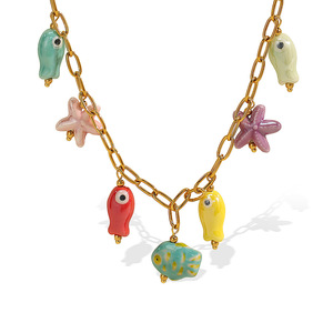 Collar con Dijes de Estrella de Mar y Pez Esmaltados Coloridos, Chapado en Oro de 18K, de Acero Inoxidable, Set de Joyería Oceánica para Mujer - Product Image 4