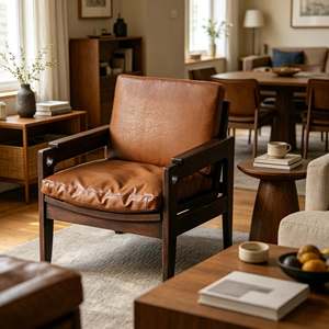 Sillón Moderno de Teca Sólida Estilo Wabi-Sabi con Tapicería Suave al Tacto, Asiento Cómodo para Dormitorio <span class=keywords><strong>y</strong></span> Sala de Estar - Product Image 1