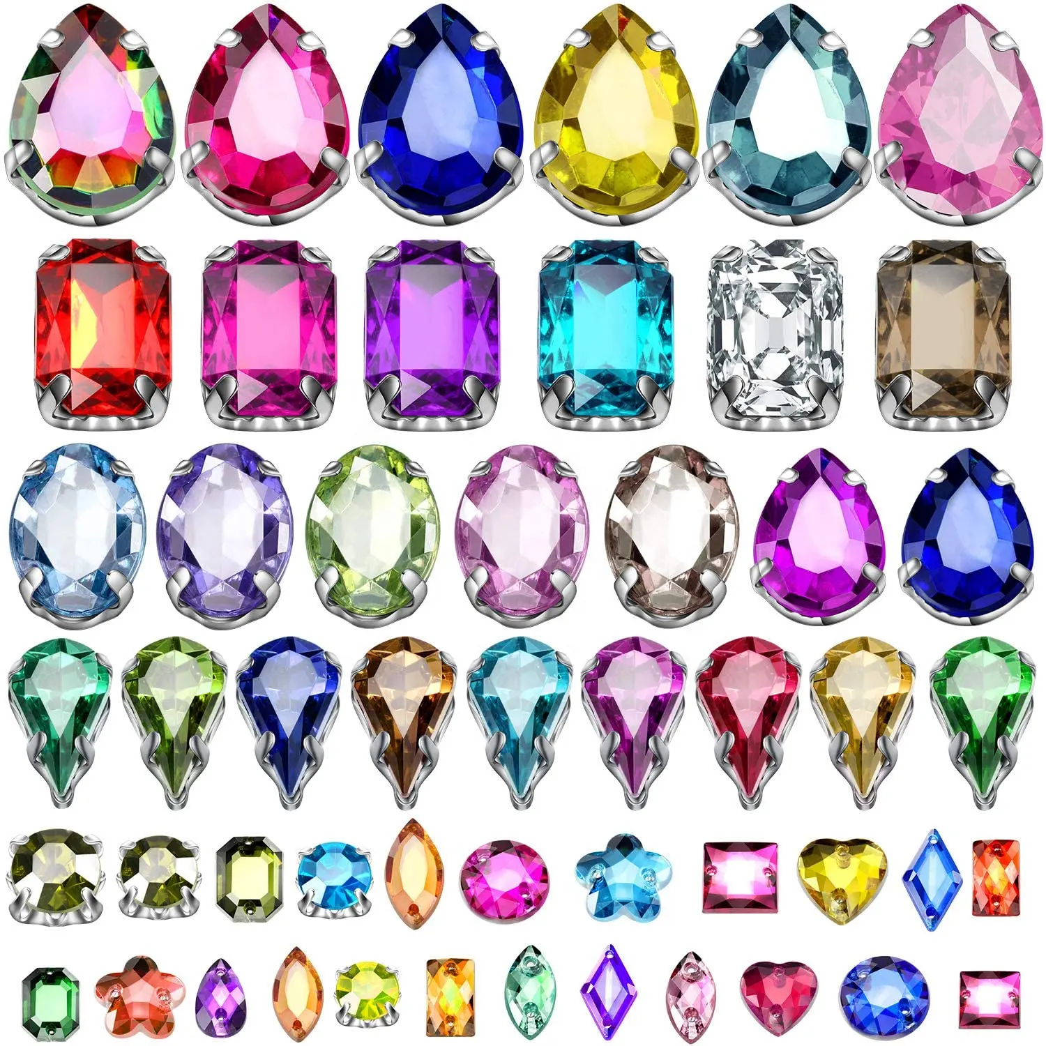 Diamantes de imitación con parte trasera plana, cristal, gota alrededor de acrílico AB, coser diamantes de imitación con garra
