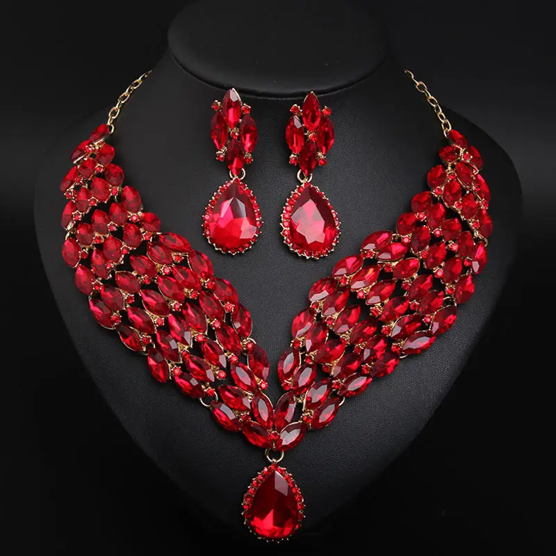 Ensemble de boucles d'oreilles et de collier de mariage, parure de bijoux de luxe en cristal pour femmes, accessoire de fête, XL15231,