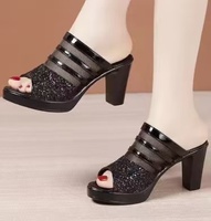 Sandales à talon épais en strass, à bout ouvert, imperméables, en maille, à bride unique, talon compensé 6-8 cm, pour femme, été, extérieur, en PU