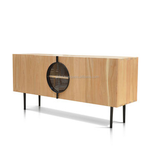 Modern Solid Wooden <b>Sideboard</b> Cabinet for Home Natural Colour with Round Glass Doors for Living Room and <b>Kitchen</b> - Product Image 2