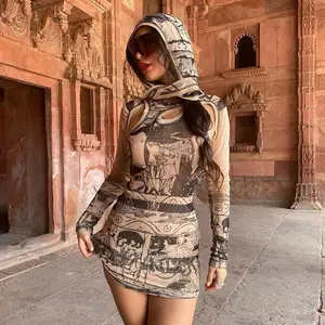 Sharee Venda Quente Y2k Roupas Queda Impressão Gráfico Vestido Malha Manga Longa Bandagem Hoodie Mini Vestido