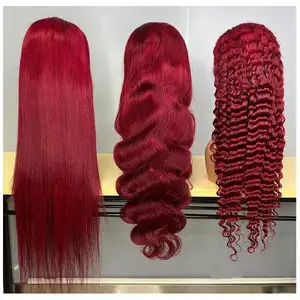 Peluca de cabello humano liso de 13x4 para mujer, postizo de encaje Frontal transparente, color borgoña 99J, sin pegamento, color rojo vino