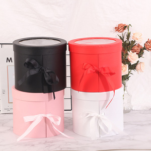 Double-Layer Cylinder Gift <b>Box</b> With Clear Lid And Ribbon Bow For Flowers High-End Rigid Paperboard Container - Product Image 3