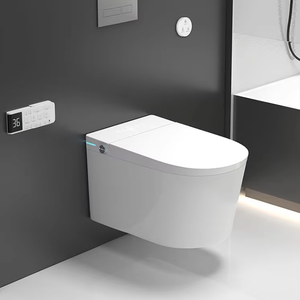 Cuvette de toilettes murale allongée moderne de 58 cm en céramique sans bride avec télécommande, siphon en P, siège à fermeture douce et gain de place - Product Image 1