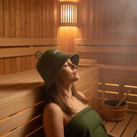 Un chapeau de sauna en pure laine olive qui réunit tout le monde, avec des coutures vertes qui résistent à la chaleur.