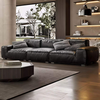 Grand canapé en cuir noir italien minimaliste, canapé design moderne et minimaliste en ligne droite, idéal pour grand salon de villa