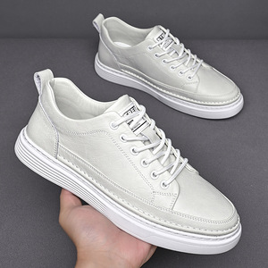 <b>White</b> Leather Sneakers Men Low <b>Heel</b> Breathable Rubber Sole Casual Walking Shoes - Product Image 3