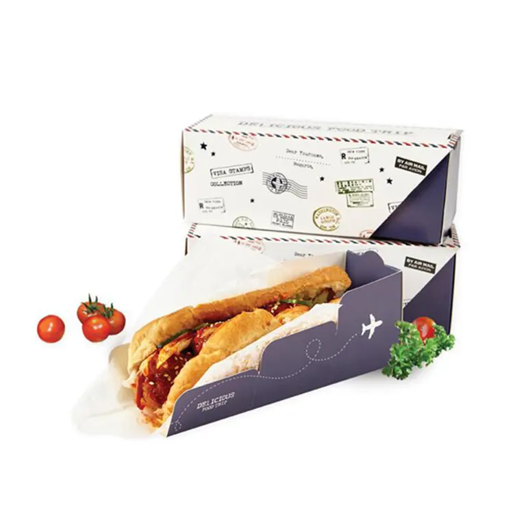 Atacado Logotipo Personalizado Hotdog Box Embalagem Milho Hot Dog Box Sanduíche Recipiente Sanduíche Papel Alimentar Cartão 4c Impressão Offset