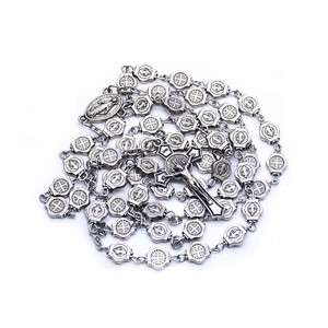 Collana Unisex con <span class=keywords><strong>Rosario</strong></span> Placcato Argento <span class=keywords><strong>Antico</strong></span>, Crocifisso Intricato, Medaglie di San Benedetto, Motivo a Croce in Stile Cattolico - Product Image 1