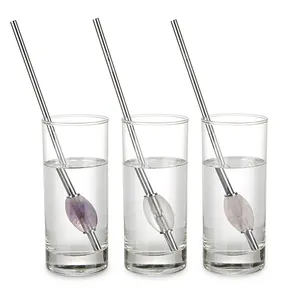 Tái Sử Dụng Có Thể Điều Chỉnh Bằng Thép Không Gỉ Pha Lê Chữa Bệnh Ống Hút Amethyst Clear Quartz Rose Quartz Stir Tool Năng Lượng Rơm