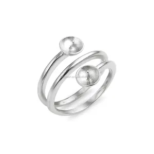 SSR169 Circle Round Double Pearls Ring Base with 2 Blanks 925 Sterling Silver Jewelry Making