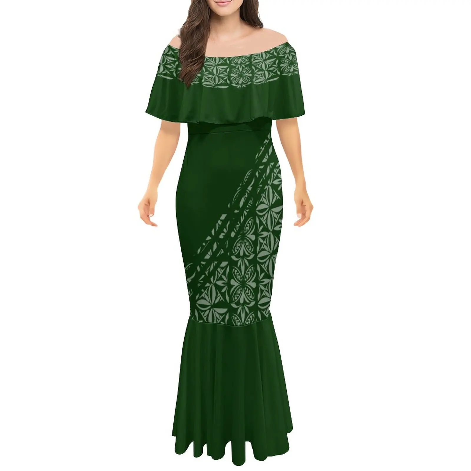 Brand New Women's Long Fishtail Dress Green Polynesian Tribal HD Print Lady Party Mermaid Dress Cheap One Shoulder Maxi Dresses