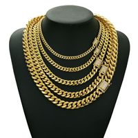 Chaîne maille cubaine Miami en acier inoxydable plaqué or 14K de 6mm à 14mm avec fermoir CZ serti de zircons, bijoux hip-hop pour hommes, en stock usine