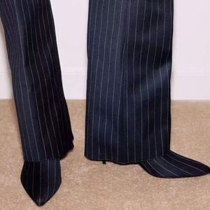 Botas de tacón alto fino con punta, de tela superpuesta, estilo stiletto, con rayas, para mujer, plegables por encima de la rodilla - Product Image 5
