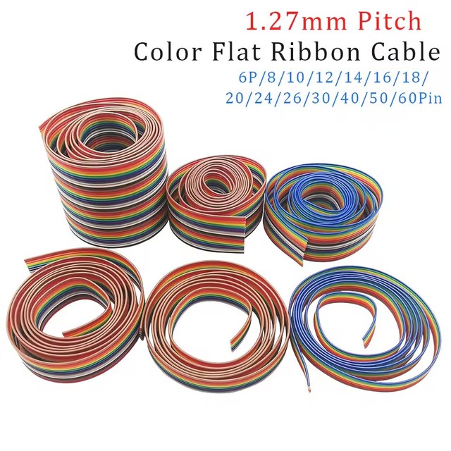 1M 1.27mm Pitch Color Flat Ribbon Cable Rainbow Wire 6P/8/10/12/14/16/18/20/24/26/30/40/50/60Pin For 2.54mm IDC FC Connector