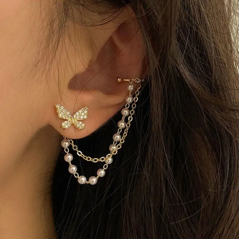 Wholesale 925 Silver Needle Earrings Butterfly Pearl Chain Tassel Ear Bone Clip One Piece