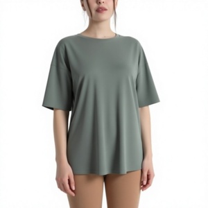 Camiseta de Cuello Alto EVER GLOW para Mujer, Color Sólido, Hombros Caídos, Corte Regular, Manga Corta, 100% Algodón, Transpirable, Verano - Product Image 1